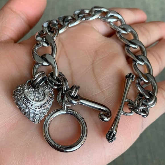 Juicy Couture Jewelry - Juicy Couture Silver Chain Link Heart Toggle Bracelet J Charm 7.5” Jewelry EUC